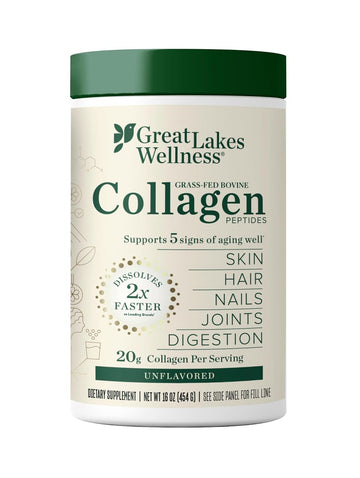 Great Lakes Wellness Collagen Peptides Powder For Skin, Hair, Nails, Joints & Digestion - Unflavored - Quick Dissolve Hydrolyzed, Non-Gmo, Keto, Kosher - 16Oz - Packaging May Vary
