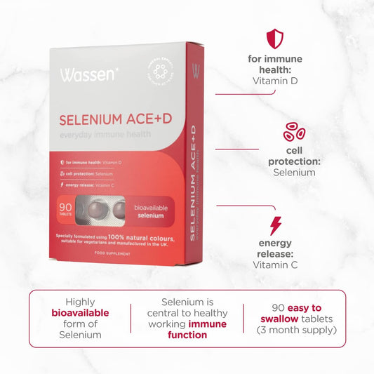 Wassen Selenium Ace+D Immune Health - 90 Tablets | Selenium And Zinc Supplements Contribute To Normal Function Of Immune System | Vitamin C D And Zinc