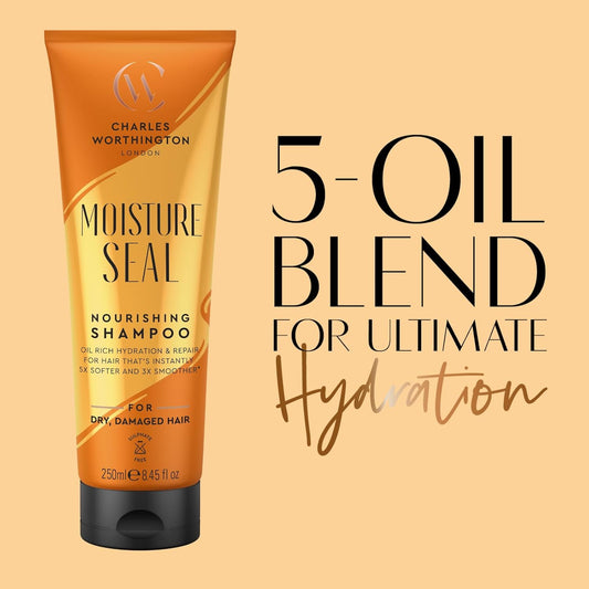Charles Worthington Moisture Seal Nourishing Shampoo, Coconut, Argan And Macadamia Oils, Salon Shampoo For Deep Moisture, 250 Ml