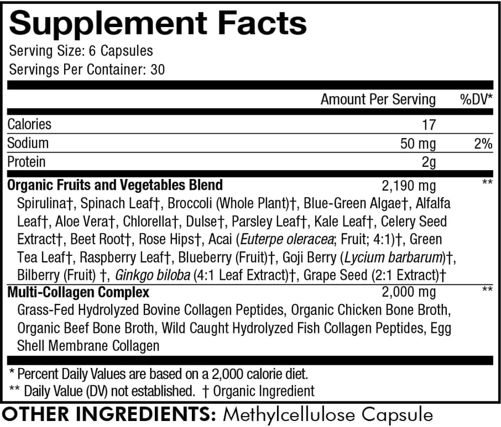 Codeage Multi Collagen Protein + Organic Raw Greens Superfood Capsules Supplement, 21 Fruits & Veggies, Grass-Fed Hydrolyzed Collagen Peptides, 5 Types All-in-One, 180 Count : Health & Household