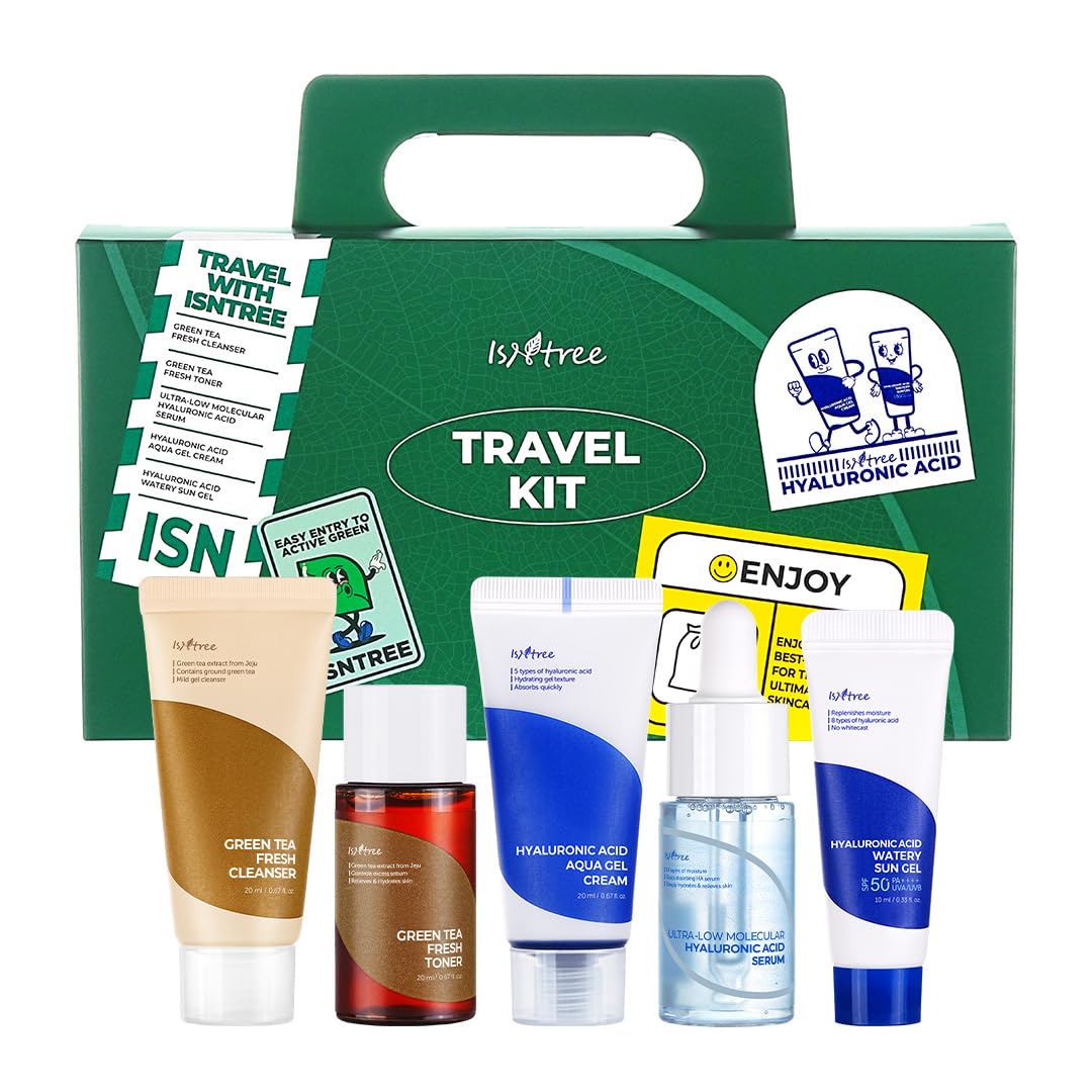 Isntree Skincare Travel Kit - Cleanser, Facial Toner, Serum, Cream, And Sunscreen | Hypoallergenic Korean Skin Care