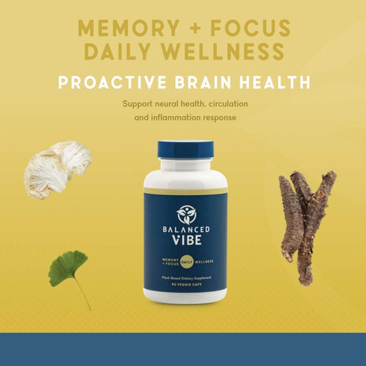 Balanced Vibe Brain Health, Nootropics + Adaptogens for Focus, Clarity, Cognition; Organic Master Blend of 7 Herbs + Mushrooms w/Lion?s Mane, Gingko, Bacopa, Gotu Kola; 90 Smoothie-Friendly caps