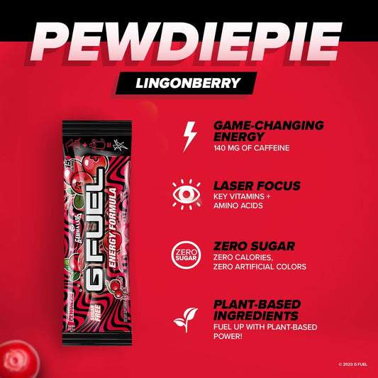 G Fuel Pewdiepie Energy Powder Packets, Sugar Free, Clean Caffeine Focus Supplement, Water Mix, Lingonberry Fruit Flavor, Focus Amino, Vitamin + Antioxidants Blend - 6 Stick Pack, 0.25 Oz