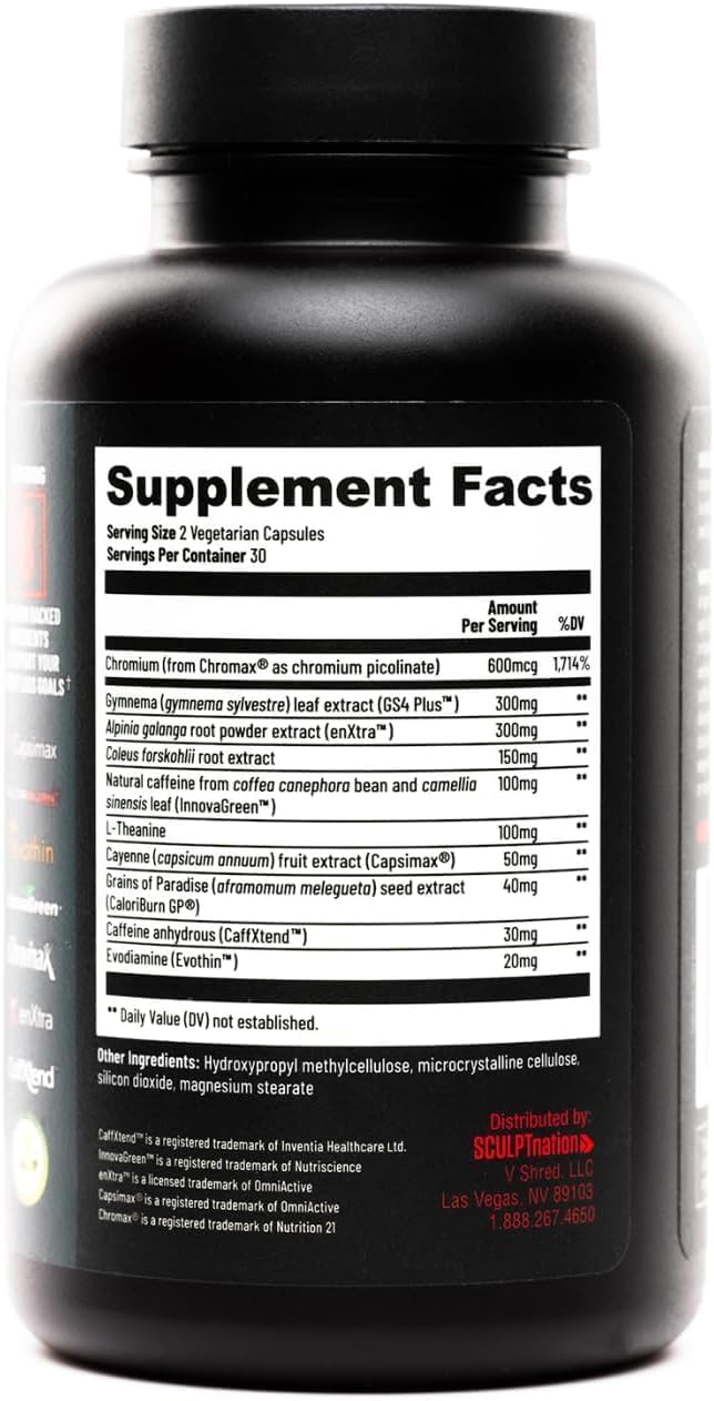 Sculpt Nation by V Shred Burn Thermogenic Fat Burner for Men & Women - Daytime Fat Burner Metabolism Booster - Premium Capsimax Cayenne Pepper, Chromax, Patented Ingredients - 60 Natural Veggie Pills : Health & Household