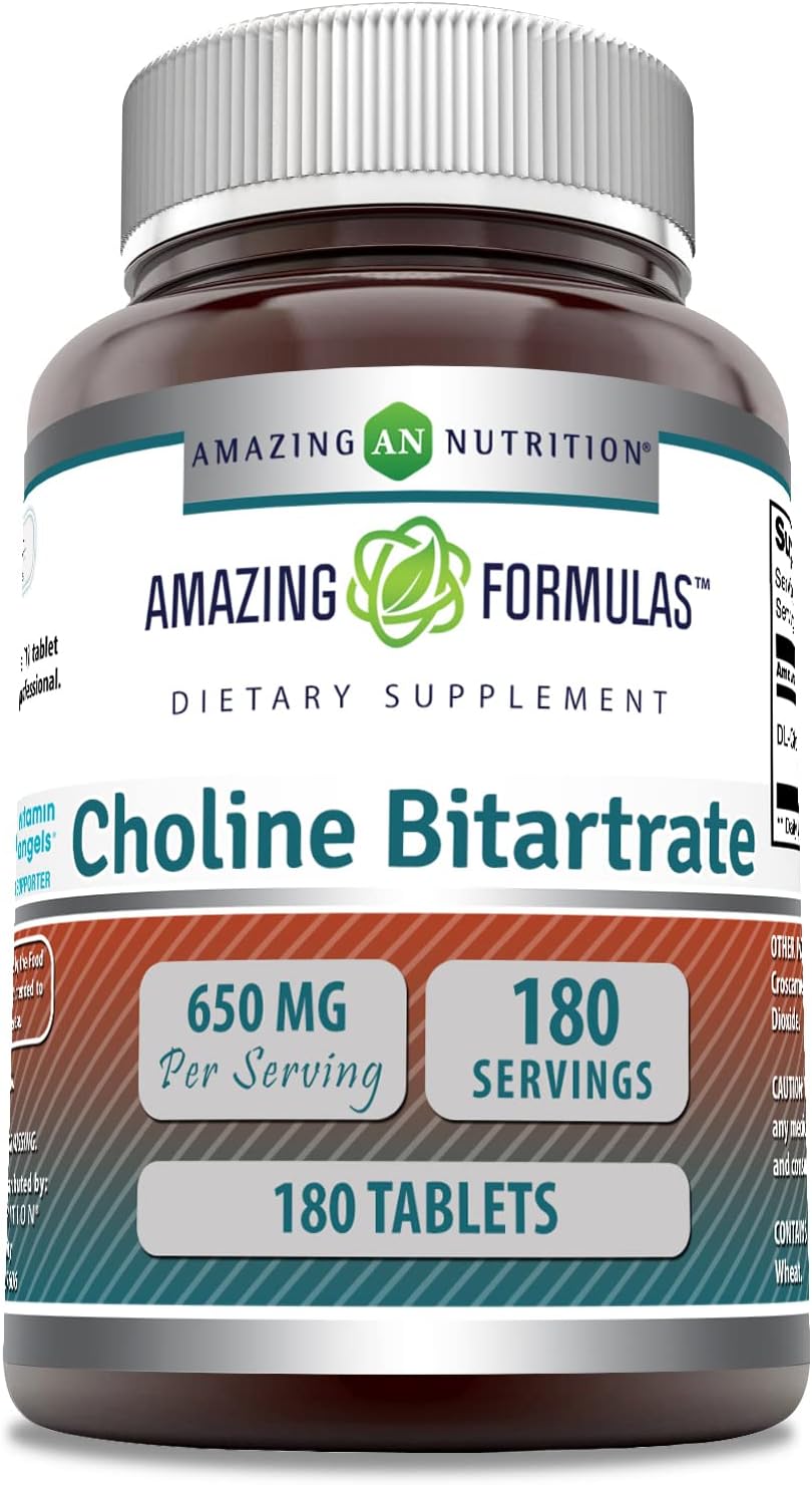 Amazing Formulas Choline Bitartrate - 650 MG, 180 Tablets (Non-GMO, Gluten Free) ? Supports Nerve & Brain Health - Promotes Cellular Function - Cognitive Support