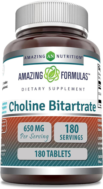 Amazing Formulas Choline Bitartrate - 650 MG, 180 Tablets (Non-GMO, Gluten Free) ? Supports Nerve & Brain Health - Promotes Cellular Function - Cognitive Support