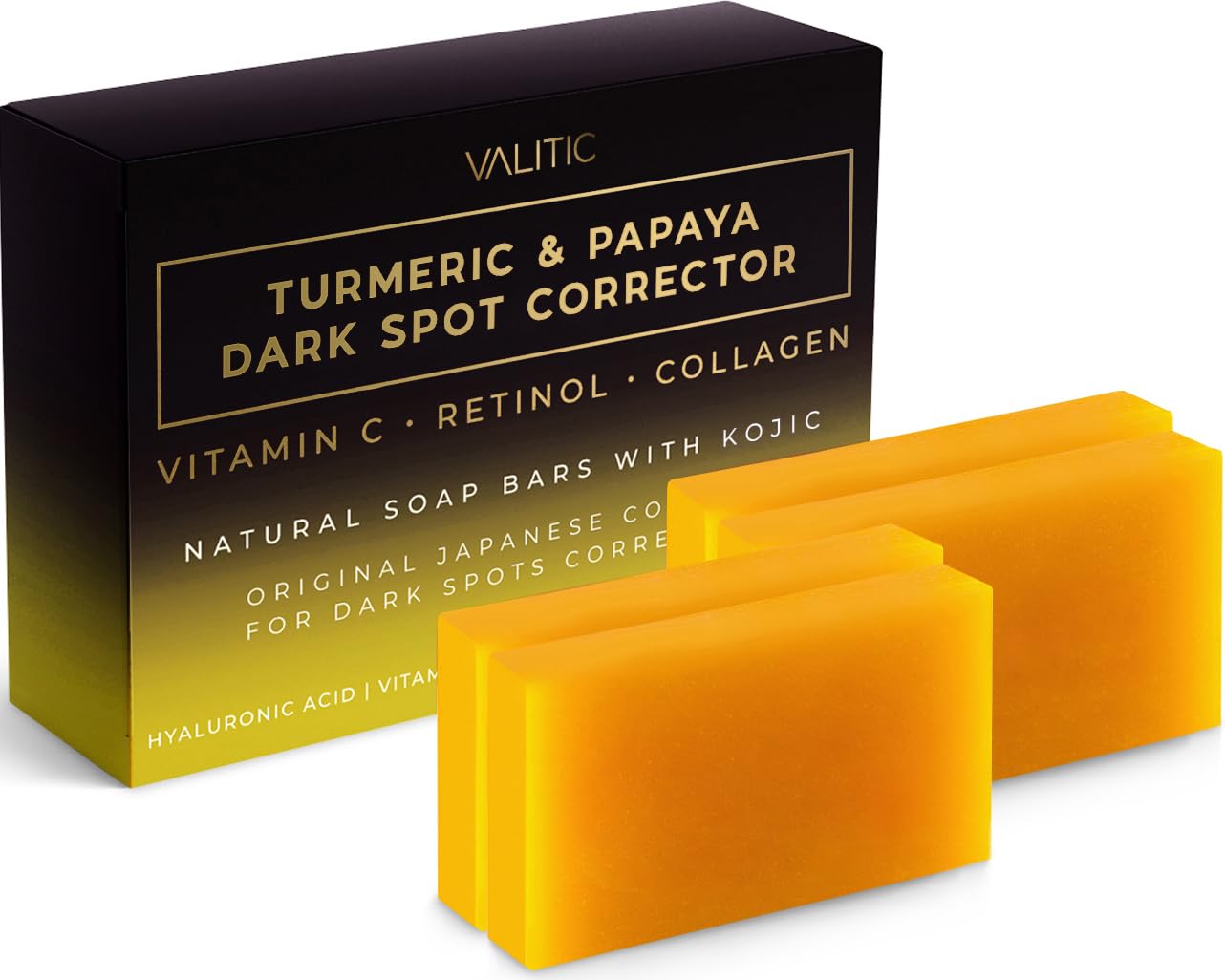 Valitic Papaya And Turmeric Kojic Acid Soap Bar - Dark Spot Corrector Skin Care Cleansing Bar - Infused With Vitamin C, Hyaluronic Acid, Collagen, Retinol, Olive Oil - 4 Pack