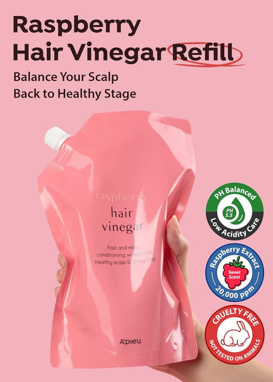 A’Pieu Raspberry Hair Vinegar Rinse & Refill Bundle 6.76 + 13.6 Fl Oz - Scalp Treatment For Ph Balance | Clarifying, Dandruff & Oil Control | Silky, Shiny Hair