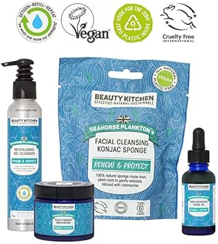 Beauty Kitchen - Seahorse Plankton+ Bright Skin Bundle - Hydrating And Nourishing - Includes Moisturiser - Facial Oil, Gel Cleanser - Konjac Sponge - Infused With Blue Chamomile And Seaweed