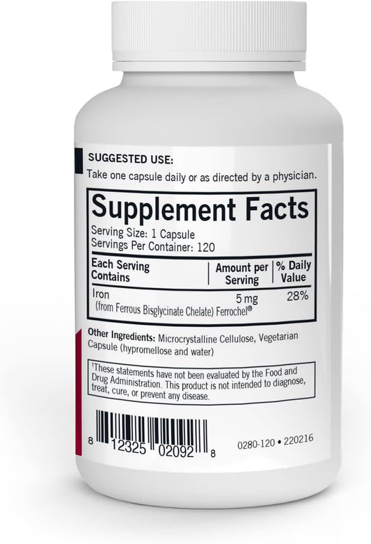 Kirkman - Iron Ferrochel 5Mg - 120 Capsules - Aids Hemoglobin & Myoglobin Production - Supports Red Blood Cells Formation - Hypoallergenic