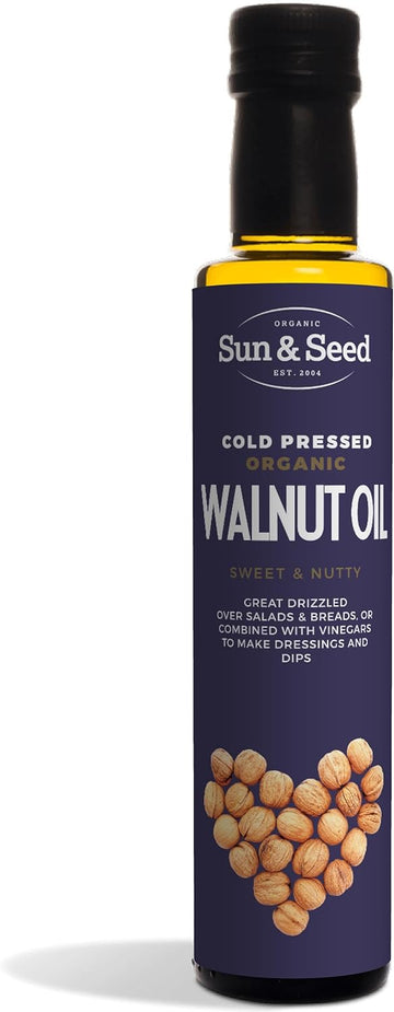 Organic Walnut Oil (Cold Pressed) by Sun & Seed - 250ml - Made from 100% Organic Walnuts - Great Source of Omega-3 - Vegan Friendly - Pure & Refined