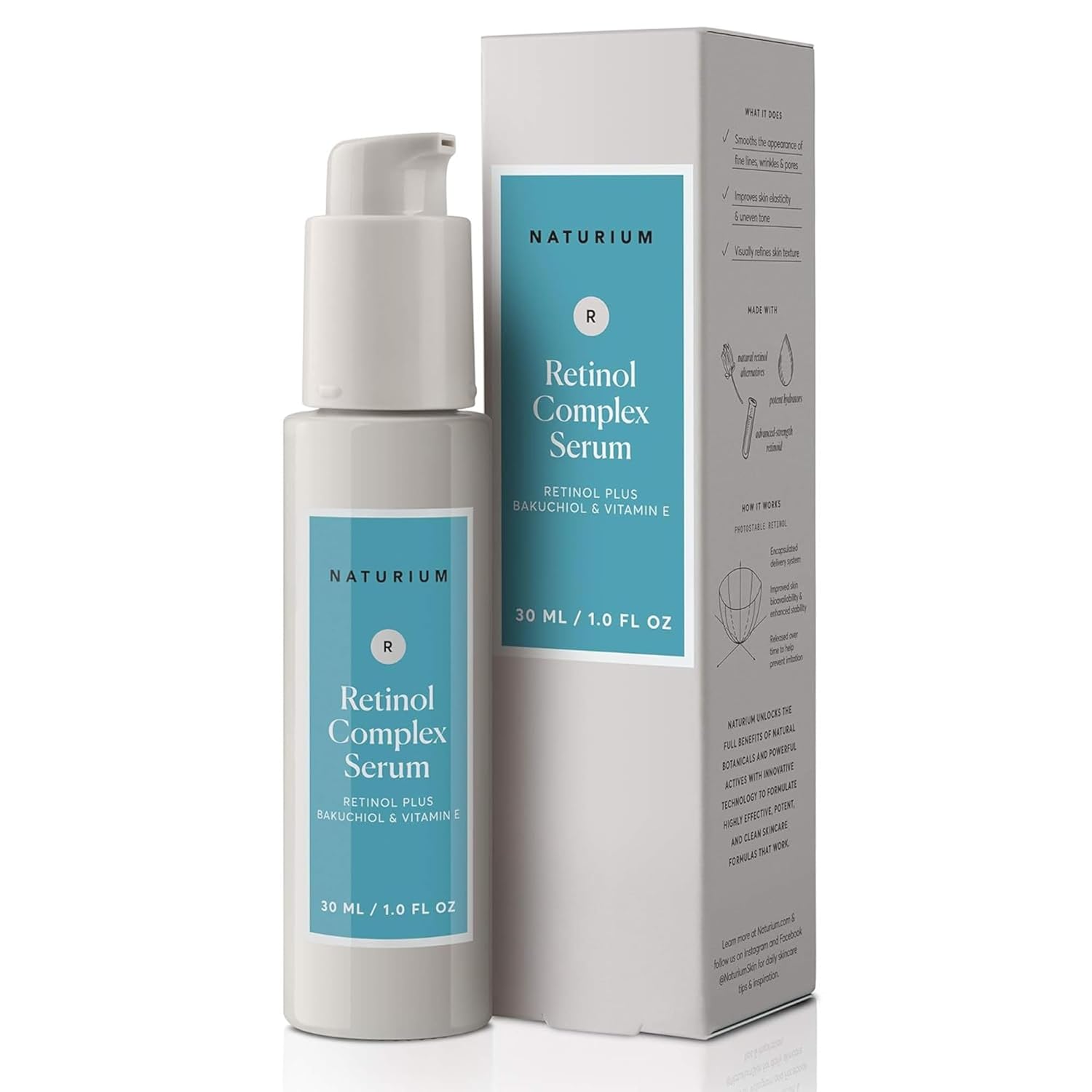 Naturium Retinol Complex Serum, Encapsulated Retinols & Bakuchiol, Refining & Smoothing Facial Serum, 1 Oz