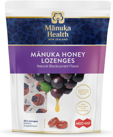 Manuka Health, Mgo 400+ Manuka Honey Lozenges With Blackcurrant, 58 Lozenges, 8.8 Oz, 100% Natural With Vitamin C