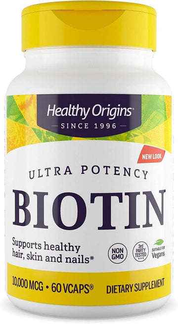 Healthy Origins Ultra-Potency Biotin (B7), 10,000 mcg - Supports Skin, Hair & Nails - High-Grade Vitamin B7 - Non-GMO, Gluten-Free Biotin for Vegans - 60 Veggie Capsules