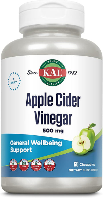 Kal Chewable Tablets, Apple Cider Vinegar, 500 Mg, 60 Count