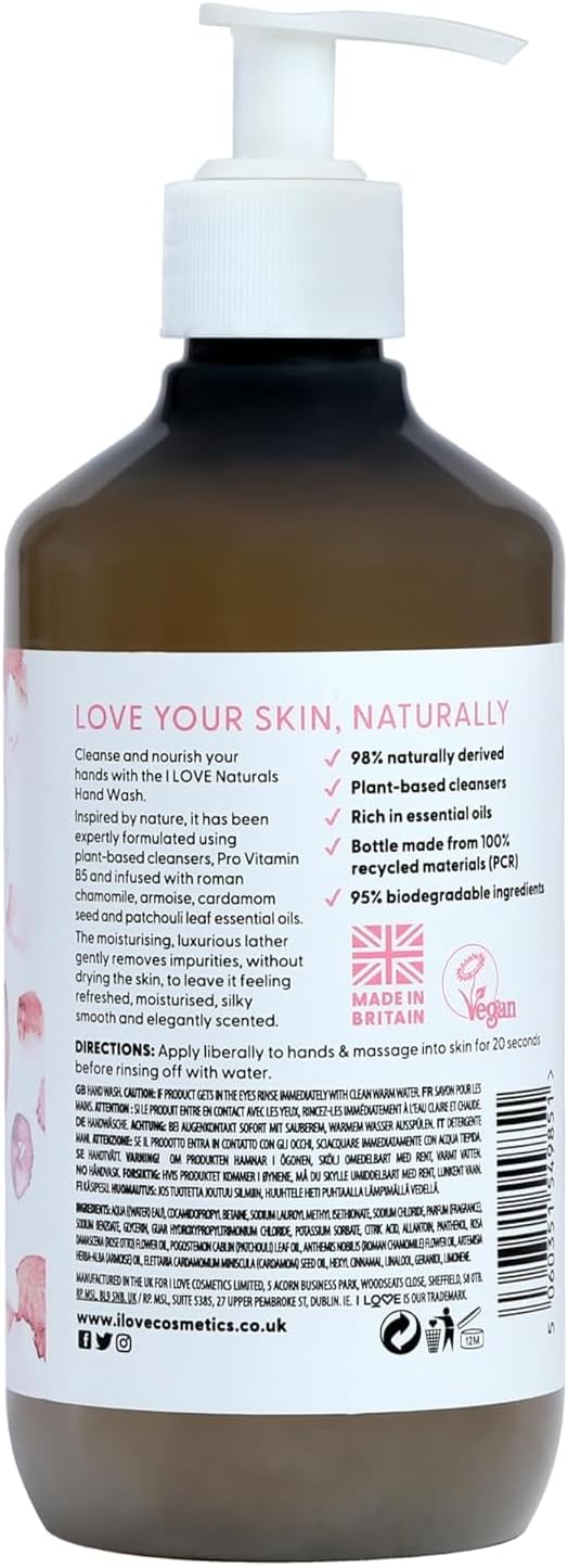 I Love Naturals Rose & Argan Hand Wash, Natural Oils Of Rose & Patchouli, Gently Removes Impurities, Refreshing & Cleansing Formula, 500Ml