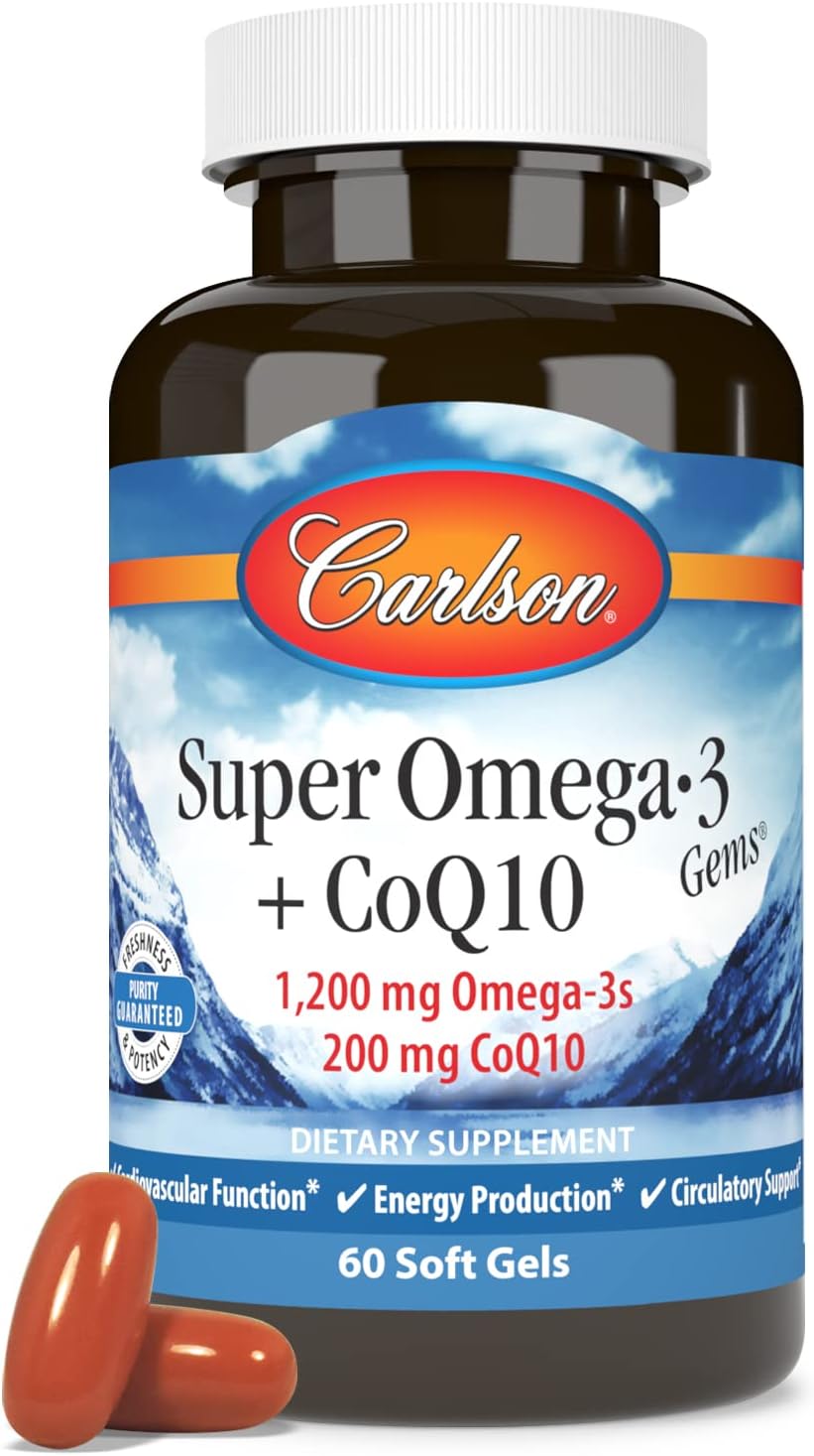 Carlson - Super Omega-3 Gems + CoQ10, 1200 mg Omega-3s 200 mg CoQ10, Circulation Function, Energy Production & Circulatory Support, 60 Softgels : Health & Household