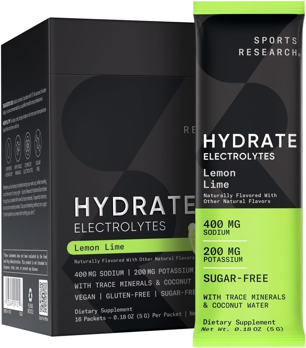 Sports Research Hydrate Electrolytes Powder Packets - Sugar-Free & Naturally Flavored With Vitamins, Minerals, And Coconut Water - Supports Hydration - 16 Packets - Lemon Lime