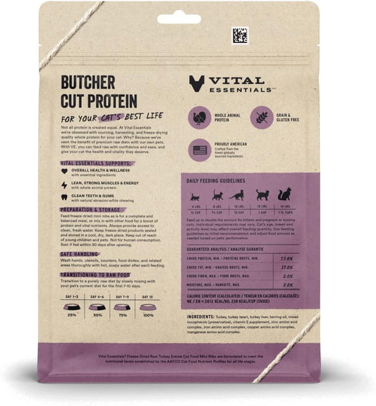 Vital Essentials Freeze Dried Raw Cat Food, Turkey Mini Nibs Entree, 8 Oz