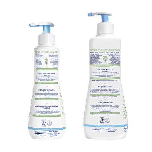 Mustela Baby Bath Time Gift Set - Baby Skin Care Essentials With Natural Avocado - Contains Hydra Bebe Body Lotion 10.14 Fl. Oz. & Gentle Cleansing Gel 16.9 Fl. Oz. - 2 Items Set