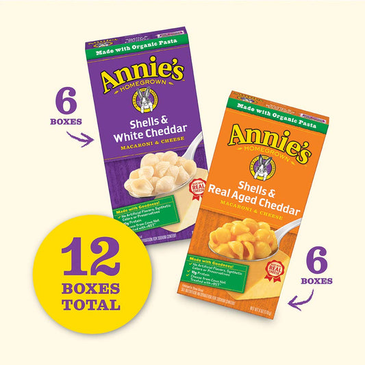 Annie'S Organic Macaroni And Cheese Variety Pack, Shells & White Cheddar And Shells & Real Aged Cheddar, 6 Oz (Pack Of 12)