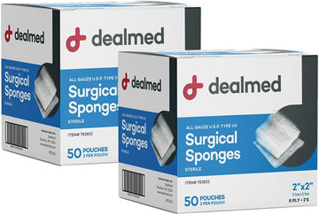 Dealmed 2" X 2" All Gauze Surgical Sponges, 8-Ply Sterile Woven Gauze Pad Wound Care For First Aid Kit And Medical Facilities, 2 Sponges/Pouch, 50 Pouches/Box (Pack Of 2)