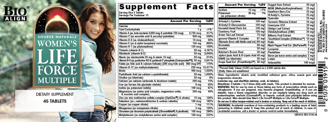 Source Naturals Women's Life Force Multiple, Daily Multivitamin & Immune Health Supplement - 45 Tablets : Health & Household