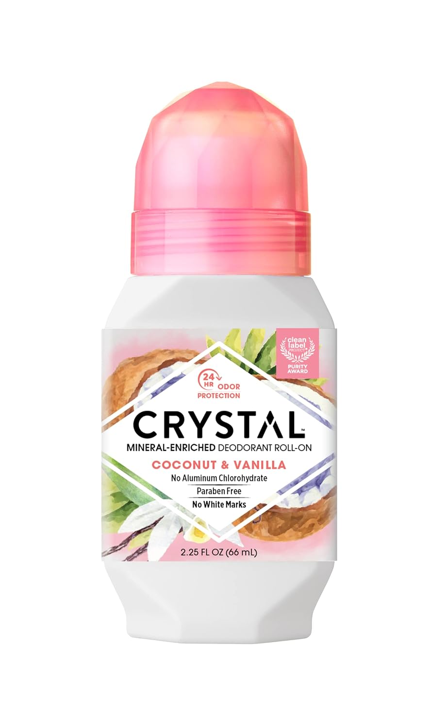 CRYSTAL Mineral Deodorant Coconut Vanilla Roll-On Body Deodorant With 24-Hour Odor Protection, Paraben Free, 2.25 FL OZ (Packaging May Vary) (2.25 Fl Oz/66ml)