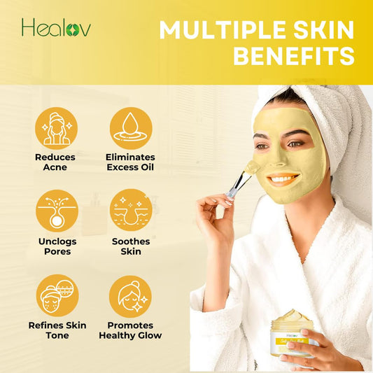 Sulfur Face Mask – All Natural Sulfur Facial Clay Mask – Glowing Skincare For Acne, Spots, Oily Skin – Sulfur Acne Cream Absorbs Excess Oil And Unclogs Pores – Kaolin Mask Treatment