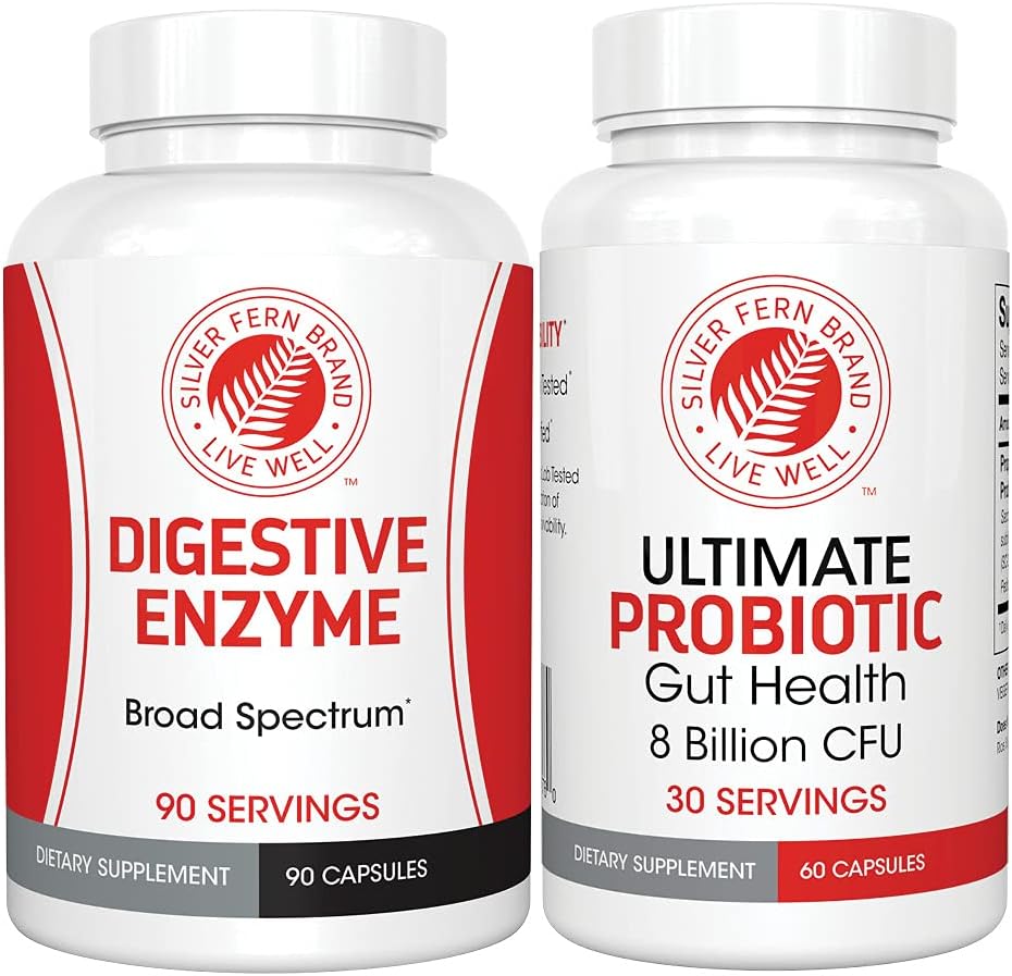 Silver Fern Brand Gut Health Tune Up Kit - Multi Function Ultimate Probiotic (1 Bottle - 60 Capsules) & Digestive Enzyme (1 Bottle = 90 Capsules) Helps Digestive Health, Mood, Reduce Cravings
