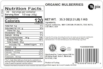 Yupik Organic Dried Mulberries, 2.2 Lb, Dried Fruit, Non-Gmo, Vegan, Gluten-Free, No Added Sugar, Oil-Free, Healthy Snacks, Ideal For Baking & Topping