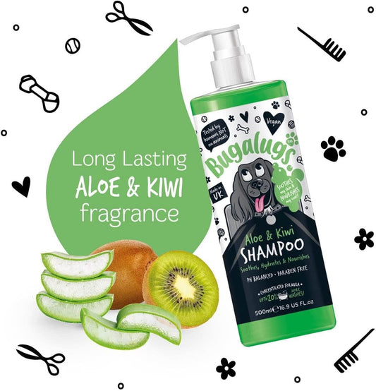 BUGALUGS Dog Shampoo - Soothing Aloe & Kiwi dog pet grooming shampoo & conditioner products for smelly dogs with tropical fragrance, best puppy sensitive skin shampoo (500ml)?5056176298531