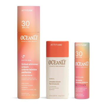 Bundle Of Attitude Oceanly Tinted Shimmer Face Cream Stick With Spf 30, Ewg Verified, Universal Tint, 1 Oz + Lightweight Blush Stick, Corail, 0.3 Oz + Tinted Lip Balm With Spf 30, Terracotta, 0.3 Oz