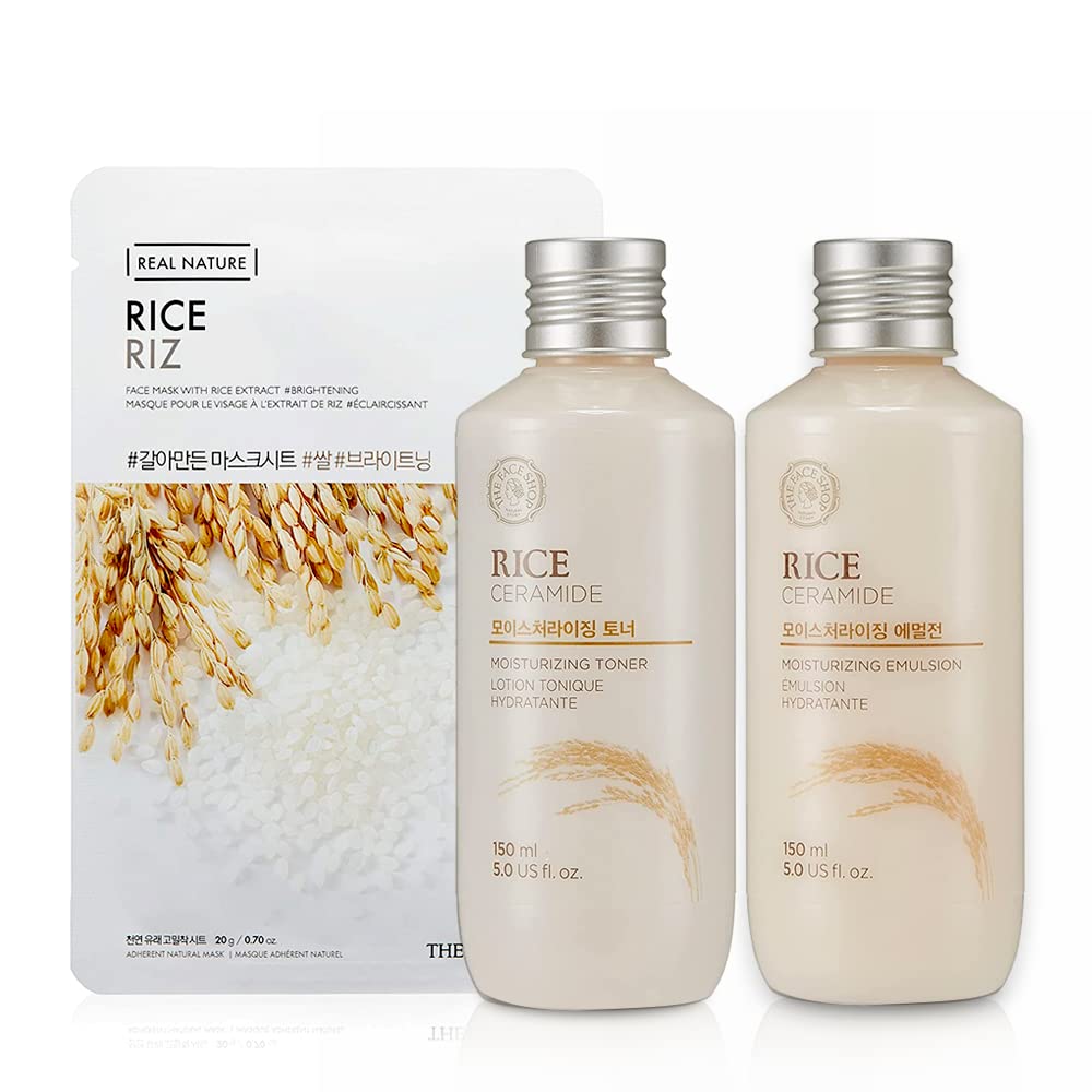 The Face Shop Rice Ceramide & Rice Water Premium Moisturizing Set- Moisturizing for Oily, Combination, Dry & Normal Skin-Includes Facial Toner, Emulsion-(5.0 fl. oz) & Real Nature Face Mask 10 pcs : Beauty & Personal Care