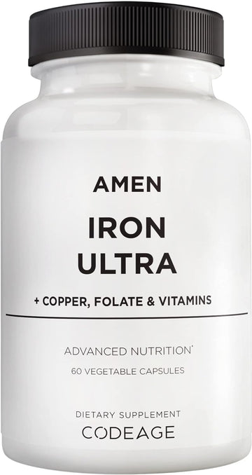 Iron Ultra Supplement + Copper, Folate, Vitamin C and Vitamin B12-2-Month Supply - Ferrous Sulfate Iron Vitamin - Iron 65mg Per Serving - Iron Folic Acid - Non-GMO Iron Pills - 60 Capsules