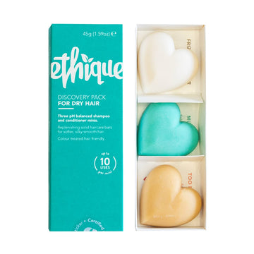 Ethique Discovery Pack For Dry Hair - Shampoo & Conditioner - Plastic-Free, Vegan, Cruelty-Free, Eco-Friendly, 3 Travel Bars, 1.59 Oz (Pack Of 1)