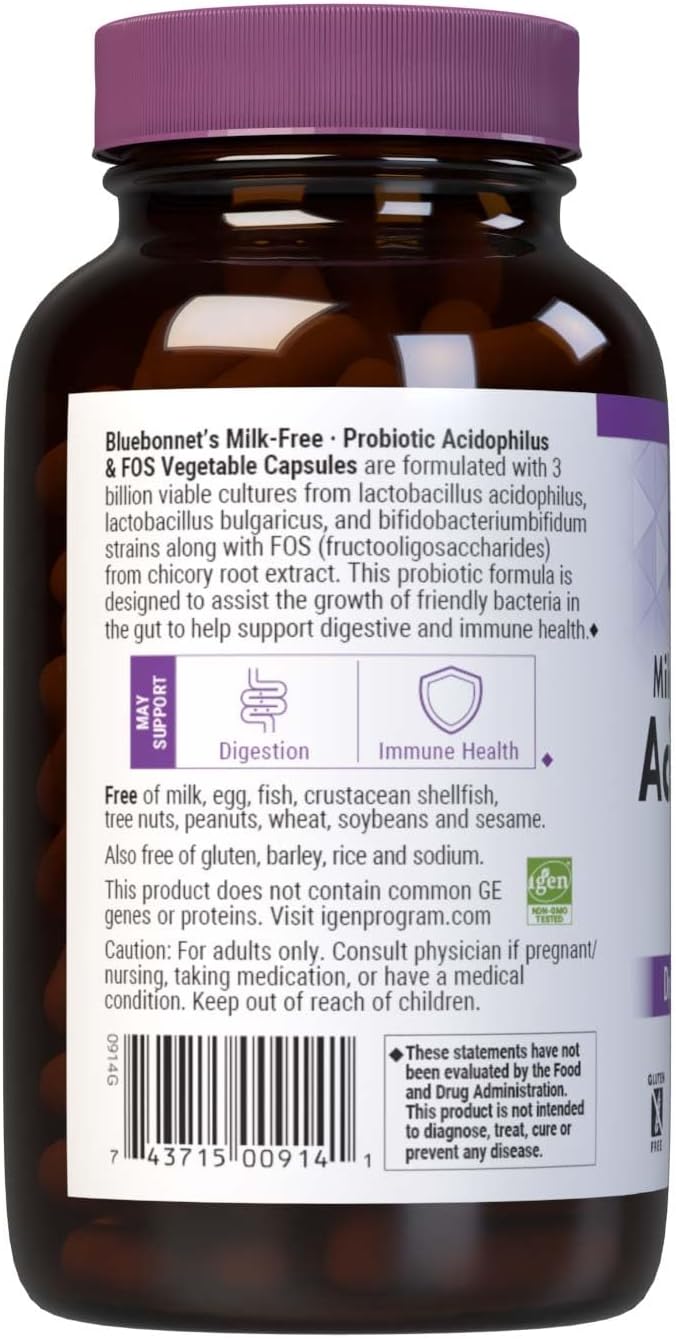 Bluebonnet Nutrition Milk-Free Probiotic Acidophilus & Fos, Digestive Health*, Immune Health*, Gluten-Free, Soy-Free, Dairy-Free, 250 Vegetable Capsules, 250 Servings