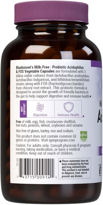 Bluebonnet Nutrition Milk-Free Probiotic Acidophilus & Fos, Digestive Health*, Immune Health*, Gluten-Free, Soy-Free, Dairy-Free, 250 Vegetable Capsules, 250 Servings