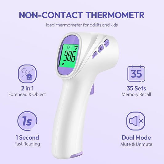 Forehead Thermometer for Adults, Kids & Babies, No-Touch Infrared Thermometer, Digital Thermometer with LCD Backlight Display, Fever Alarm and 1s Instant Reading - Purple