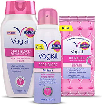 Vagisil Odor Block Multipack For Women, Daily Intimate Wash, 20 Feminine Wipes, And Dry Wash Deodorant Spray - Gynecoligist Tested