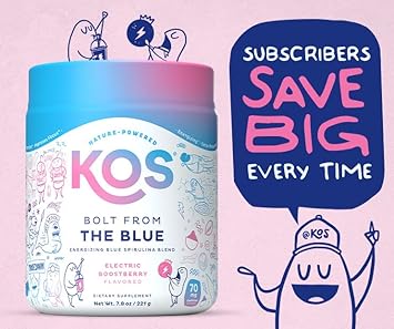 KOS Energizing Blue Spirulina Blend - USDA Certified Organic - B Vitamins, Ashwagandha, Ginseng, Adaptogens, Biotin - Vegan Pre Workout Powder - Caffeinated, Berry Flavored, 28 Servings : Health & Household