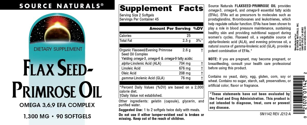 Source Naturals Flax Seed-Primrose Oil, Omega 3,6,9 EFA Complex, 1300m