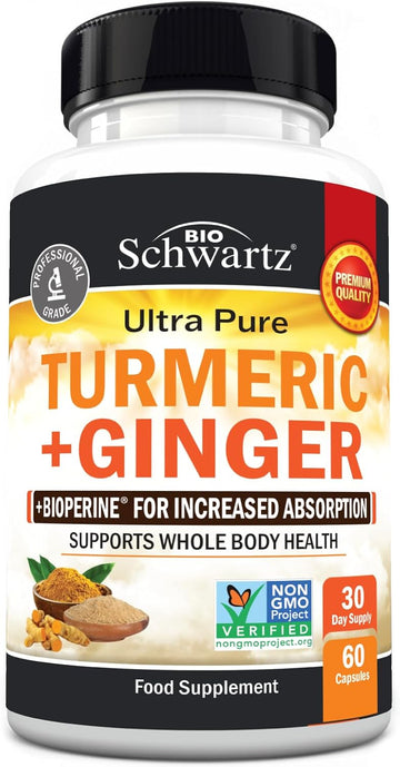 Turmeric Curcumin And Ginger Supplement - 95% Standardized Curcuminoids With Bioperine Black Pepper Extract For Ultra High Absorption - Natural Joint Support Supplement - Gluten-Free - 60 Capsules