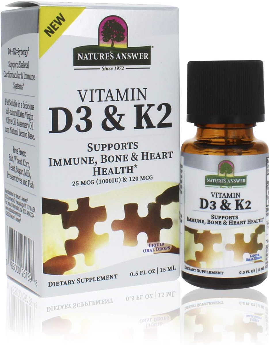 Nature's Answer Vitamin D3 and K2 Liquid Extract Oral Drops Two in one Support Supports Immune, Bone and Heart Health 0.5 fl oz - 15 ml