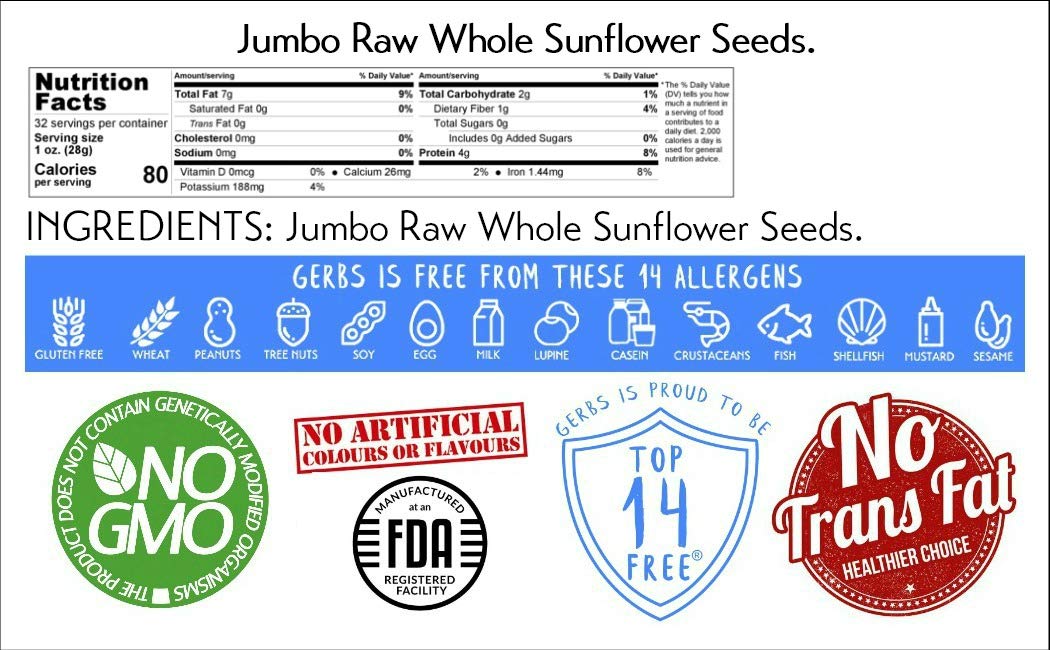 GERBS Jumbo Raw Whole Sunflower Seeds 2 LBS. Resealable Bag | Top 14 Allergy Free | Superfood Snack | Crack shell eat Kernel | Grown in United States : Grocery & Gourmet Food