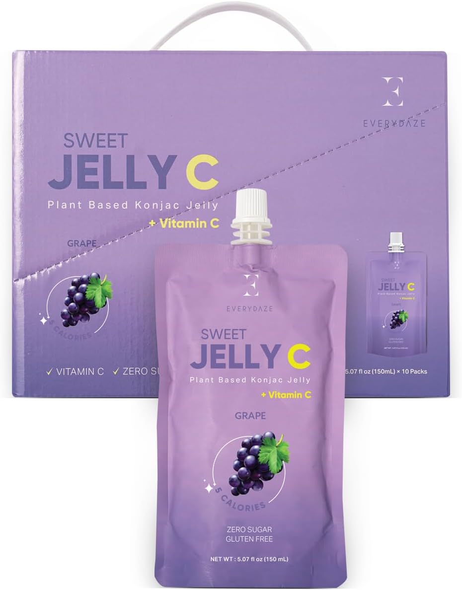 Everydaze Sweet Jelly C Konjac Jelly | Grape | Vitamin C, Vegan, Gluten Free, Sugar Free, Low Calorie | Healthy Korean Drinkable Fruit Snack | 10 Pack Box Food Drink Pouch