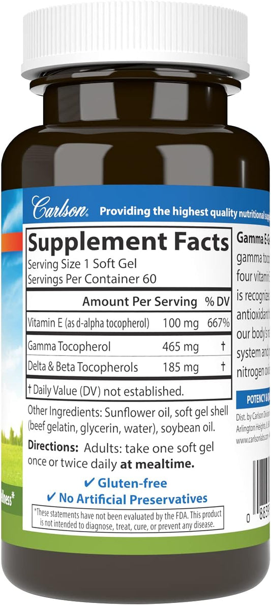 Carlson - Gamma E-Gems, Gamma Tocopherol 465 mg, Heart Health & Optimal Wellness, Antioxidant, 60 Soft gels