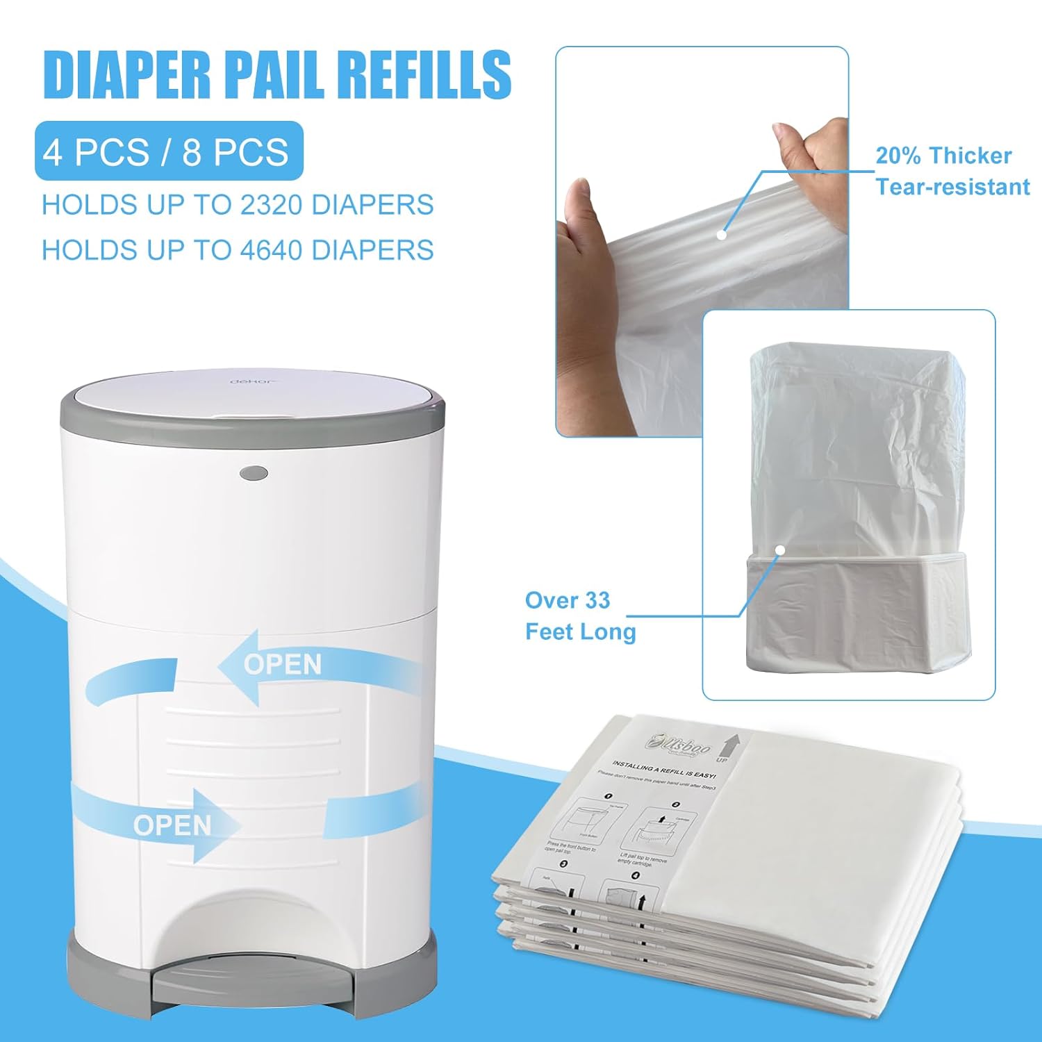 Refills Compatible With Dekor Plus Diaper Pail,8 Pack Diaper Pail Refill Liners, Reinforced Thickness Diaper Trash Bags, Holds Up To 4640 Diapers,Fresh Powder Scent