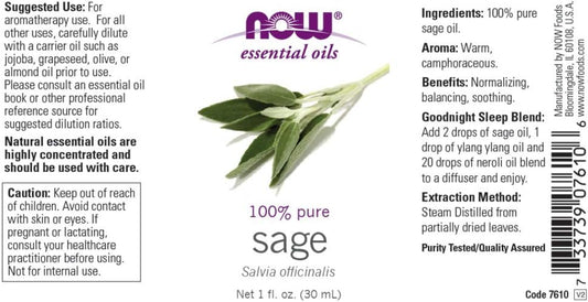 Now Essential Oils, Sage Oil, Normalizing Aromatherapy Scent, Steam Distilled, 100% Pure, Vegan, Child Resistant Cap, 1-Ounce