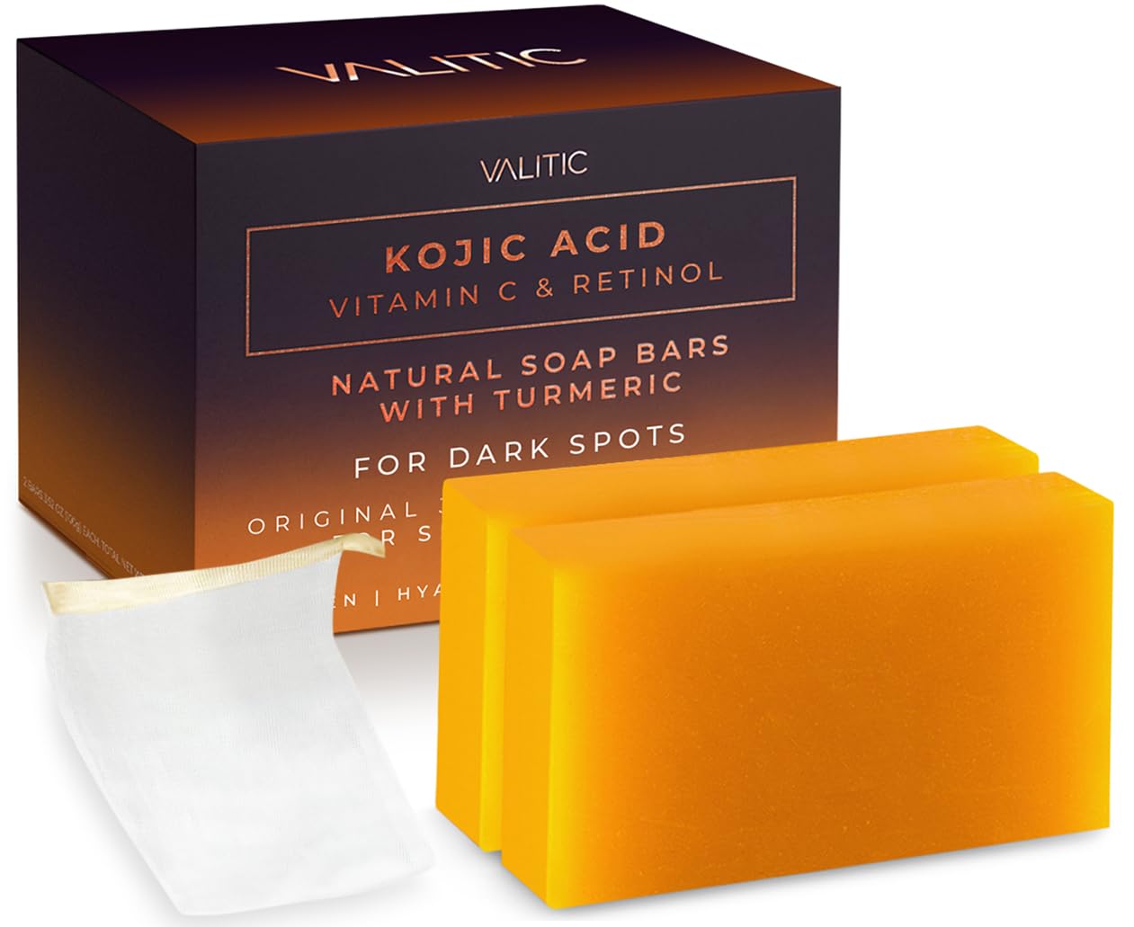 Valitic Kojic Acid Vitamin C And Retinol Soap Bars With Turmeric For Dark Spot - Original Japanese Complex Infused With Collagen, Hyaluronic Acid, Vitamin E (2 Pack) - With Scrub Bag